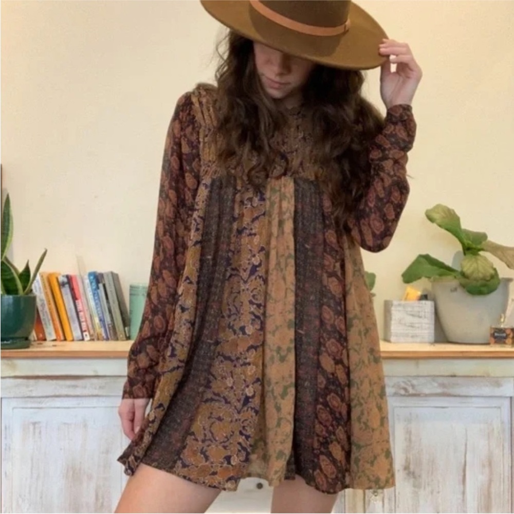 Free People Merrie Patchwork Tunic Top Small Boho Smocked Sheer Babydoll Blouse